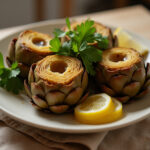 Alcachofas al horno doradas y aromatizadas con hierbas frescas, listas para servir.