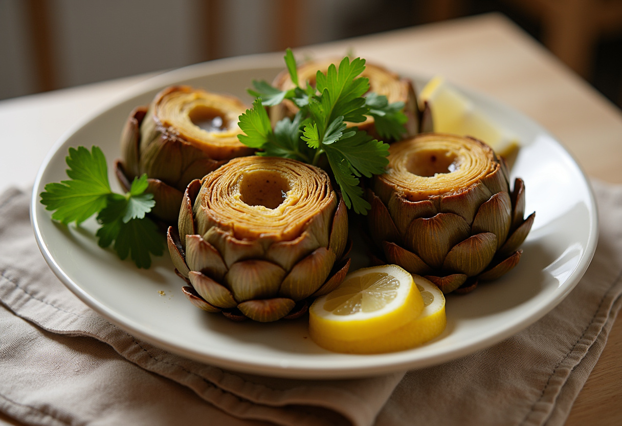 Alcachofas al horno doradas y aromatizadas con hierbas frescas, listas para servir.
