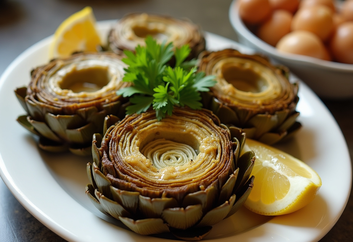 Alcachofas al horno doradas y aromatizadas con hierbas frescas, listas para servir.