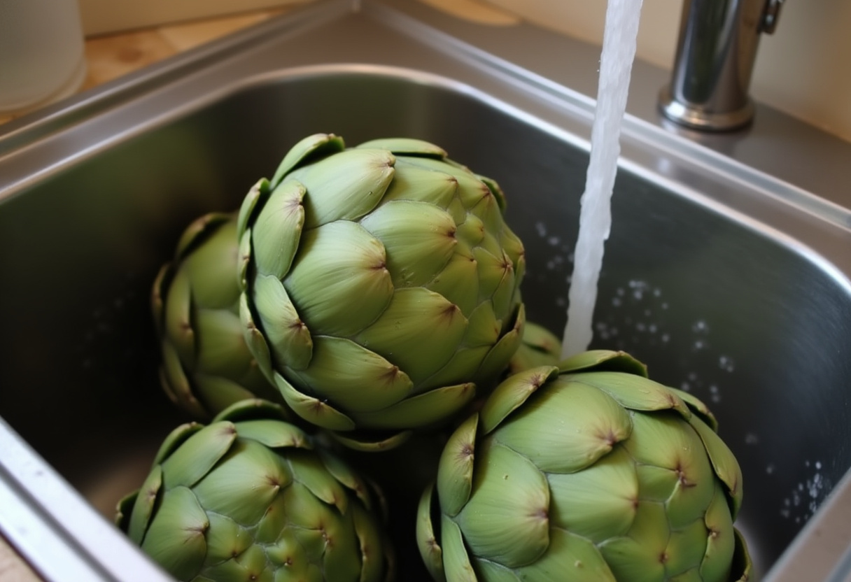 Artichokes frescos en una tabla de cortar listos para preparar alcachofas al horno.