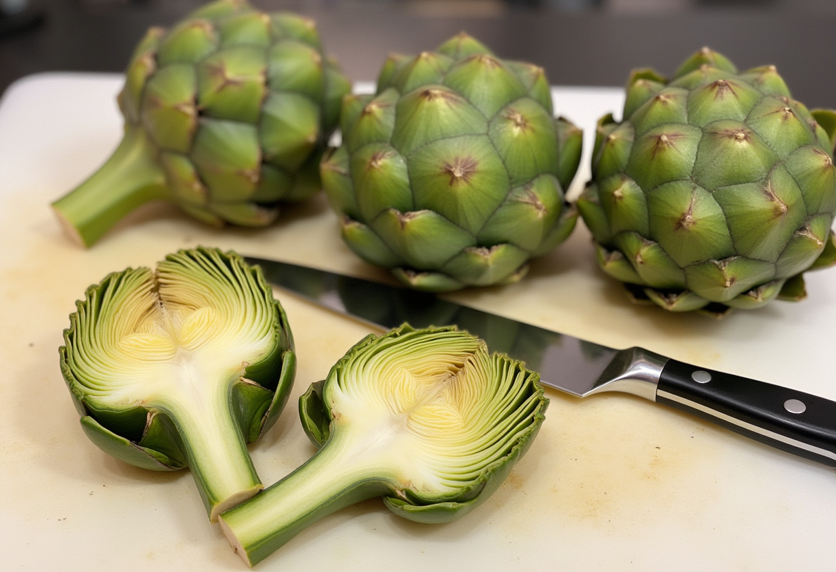 Corazones de alcachofa aliñados con aceite de oliva, sal y pimienta para hornear.