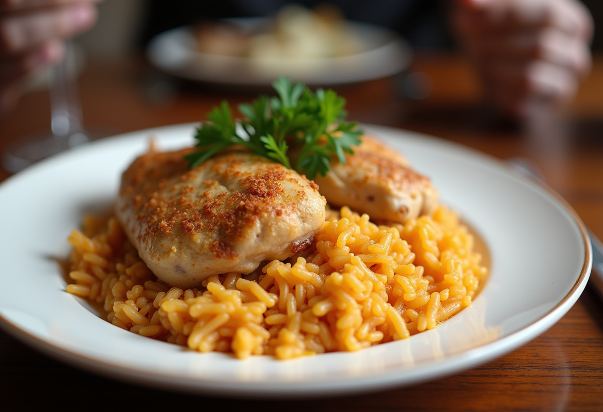 Arroz con pollo al horno dorado y listo para servir, decorado con perejil fresco y limón.