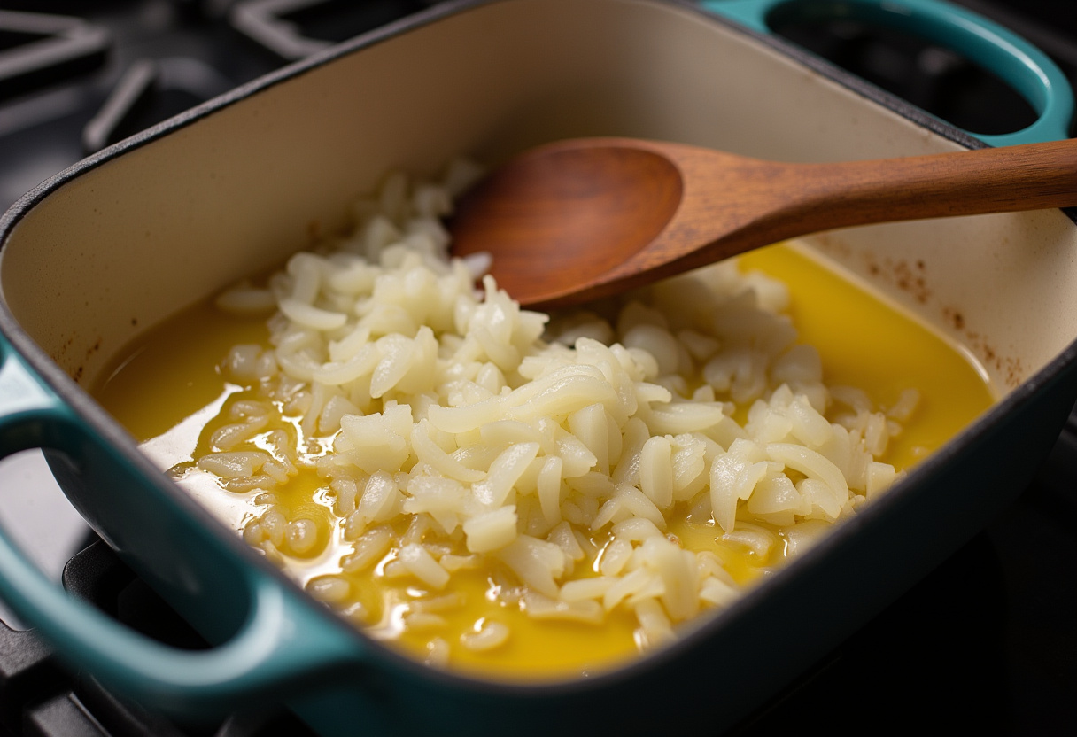 Pollo sazonado dorándose en una sartén con aceite de oliva para arroz con pollo al horno.