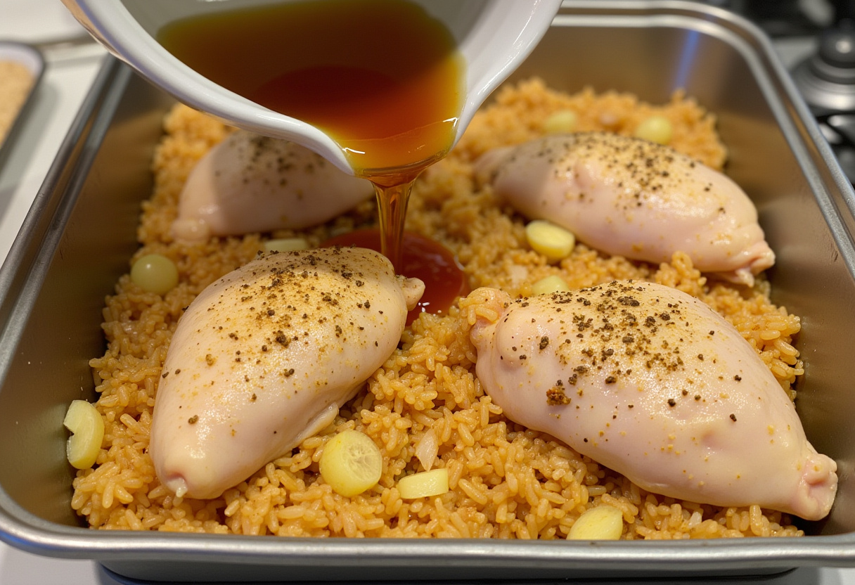Pollo dorado mezclado con arroz, cebolla y pimientos en una bandeja para hornear.