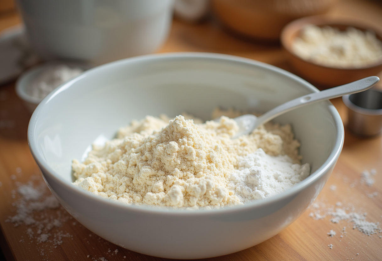 Ingredientes secos como harina, azúcar y levadura en un tazón para preparar Bollos de leche.