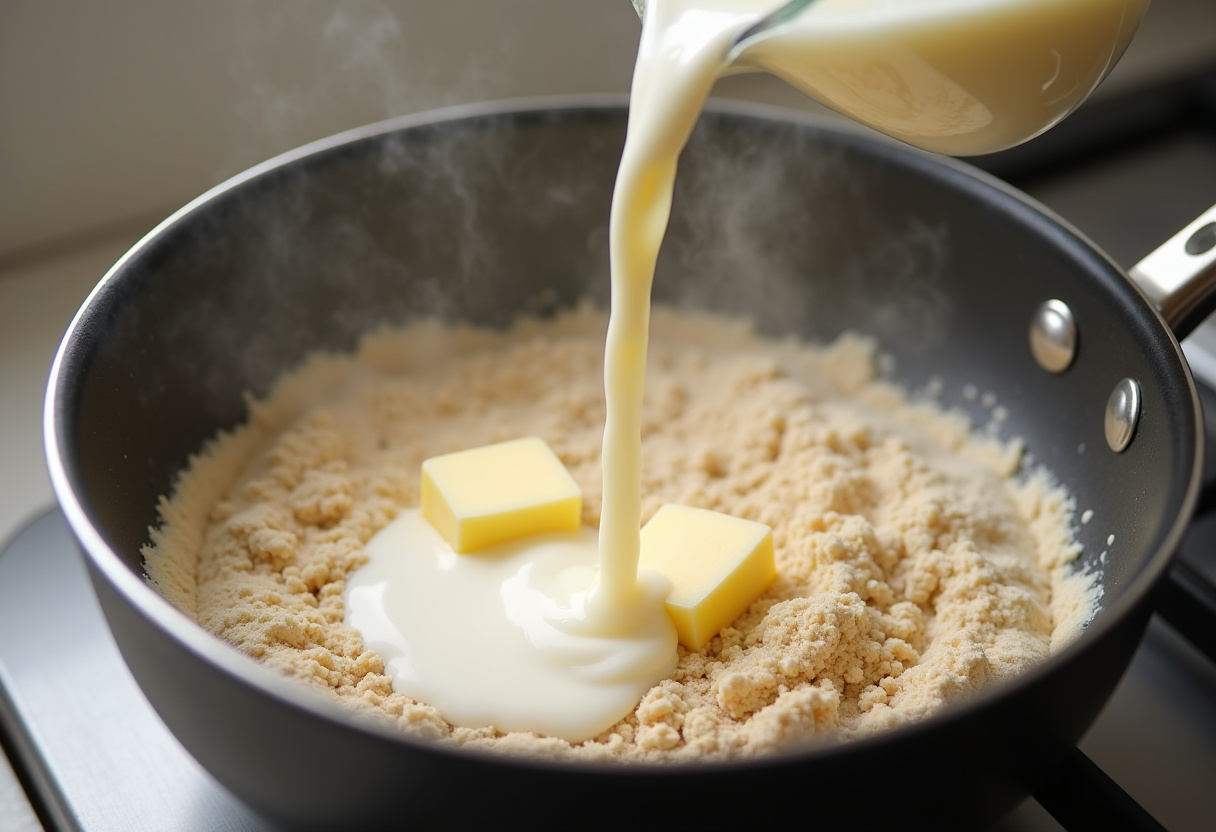 Leche tibia y mantequilla derretida mezclándose con los ingredientes secos para la masa de Bollos de leche.