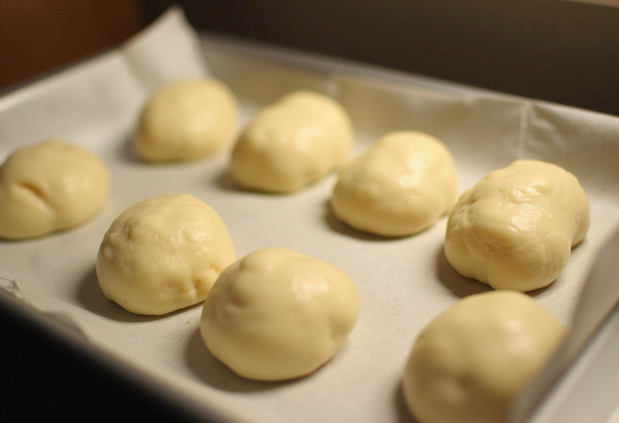 Porciones de masa de Bollos de leche reposando en una bandeja antes de hornear.