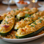 Calabacines rellenos de arroz horneados y gratinados, listos para servir.