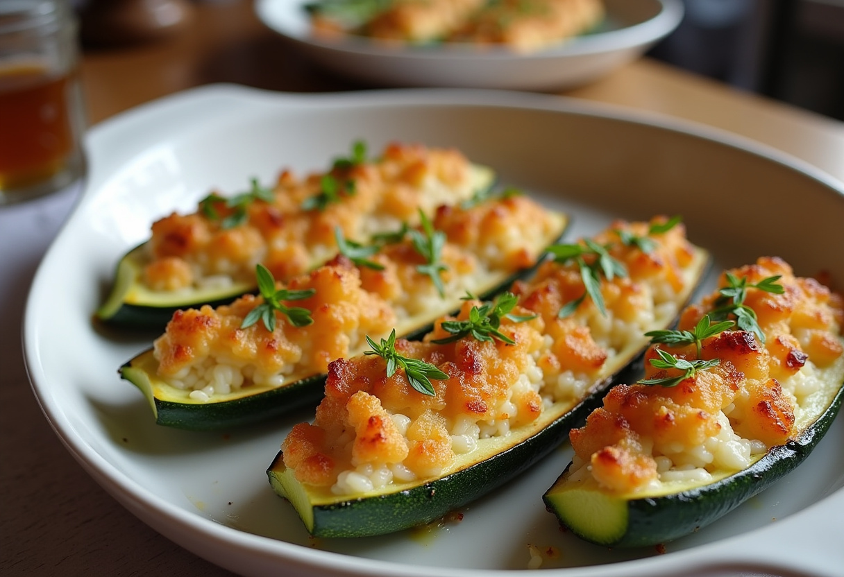 Calabacines rellenos de arroz horneados y gratinados, listos para servir.