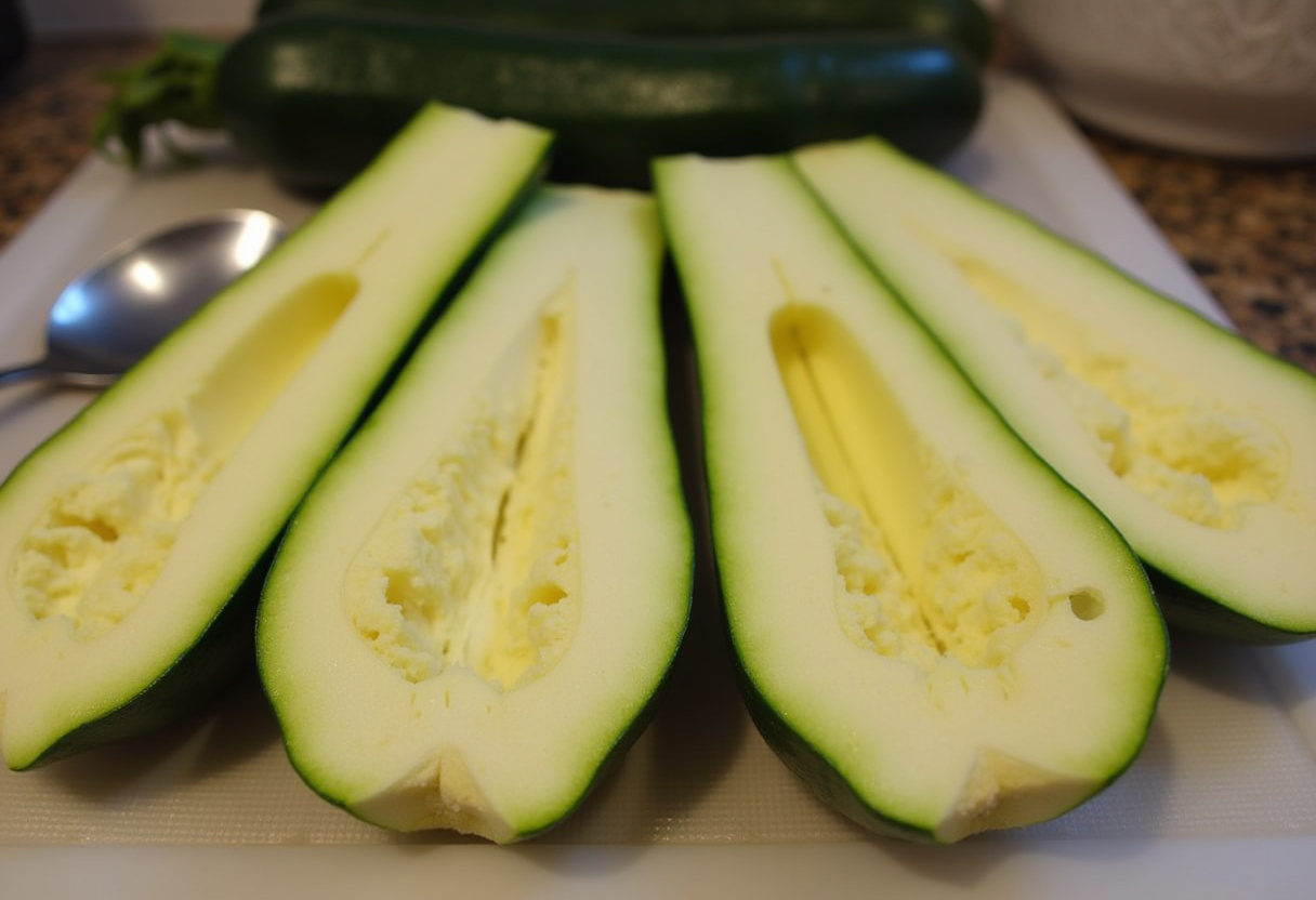 Calabacines frescos cortados y vaciados para rellenar con arroz.