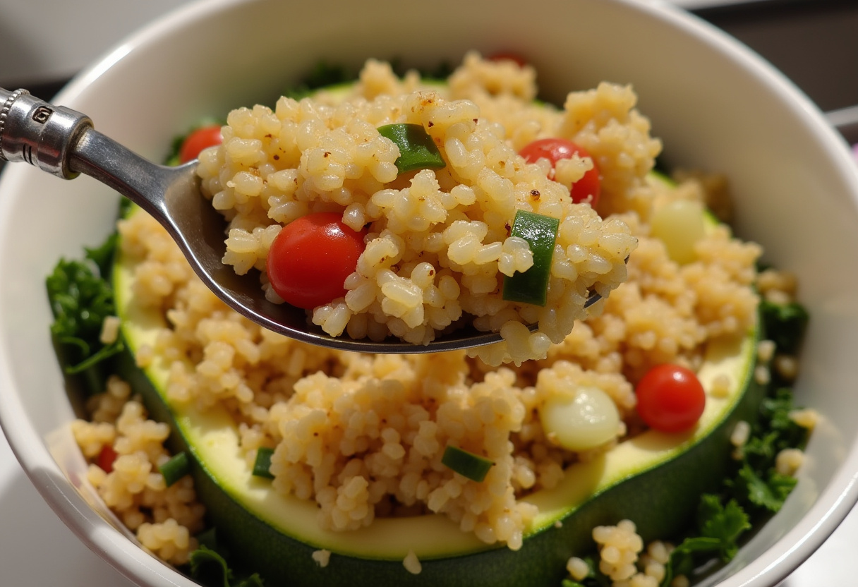 Arroz cocido mezclado con verduras y salsa de tomate para rellenar los calabacines.