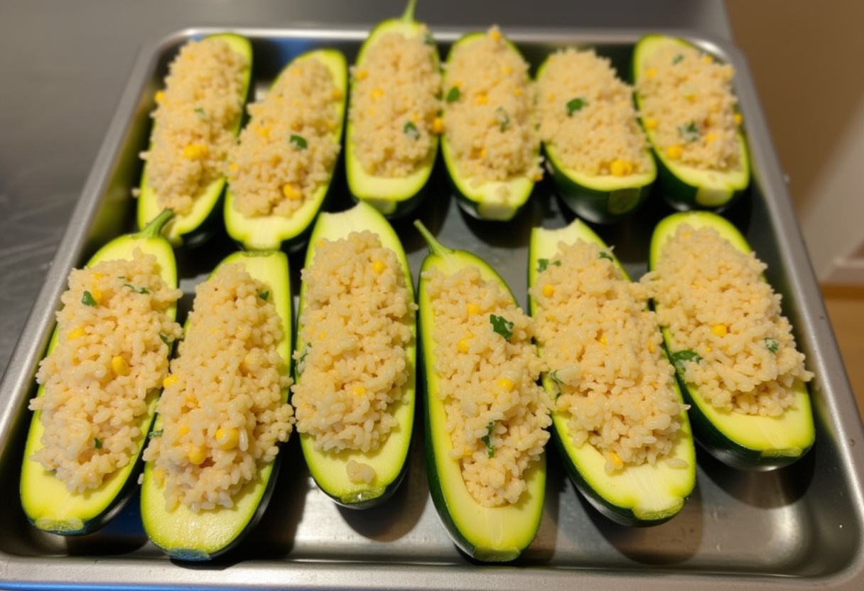 Calabacines rellenos de arroz con queso gratinado listos para hornear.