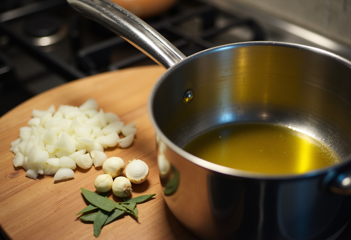 Preparación de los ingredientes base para los Callos a la madrileña: cebolla, ajo y laurel.