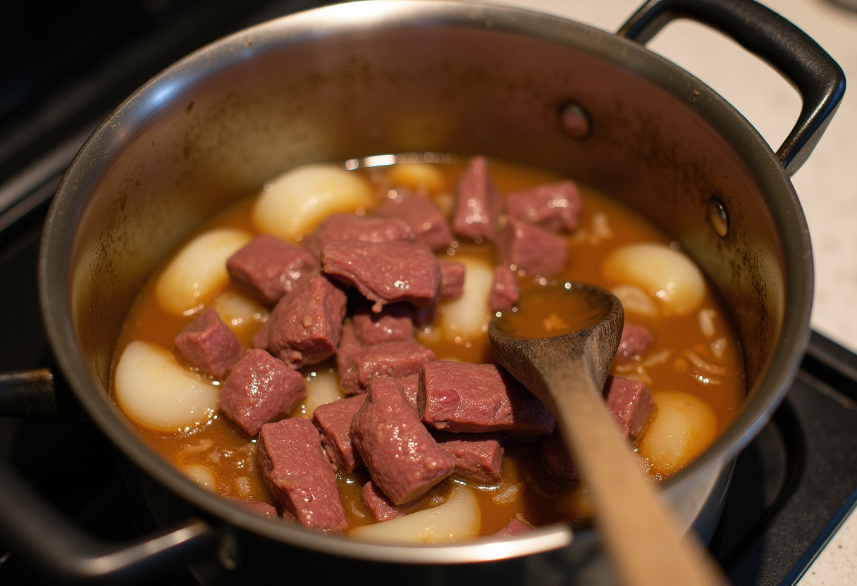 Añadiendo callos de ternera y chorizo a la base de cebolla y ajo para los Callos a la madrileña.