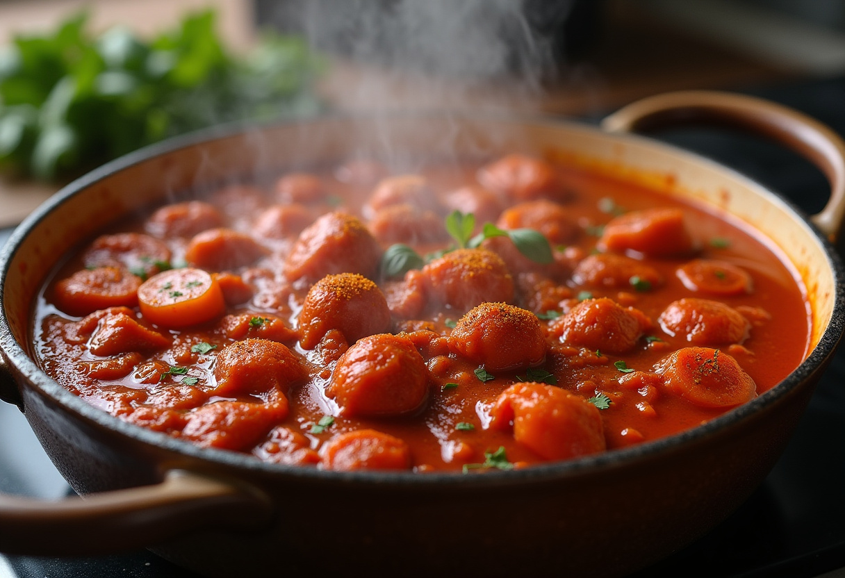 Callos a la madrileña cocinándose a fuego lento con salsa de tomate y pimentón.