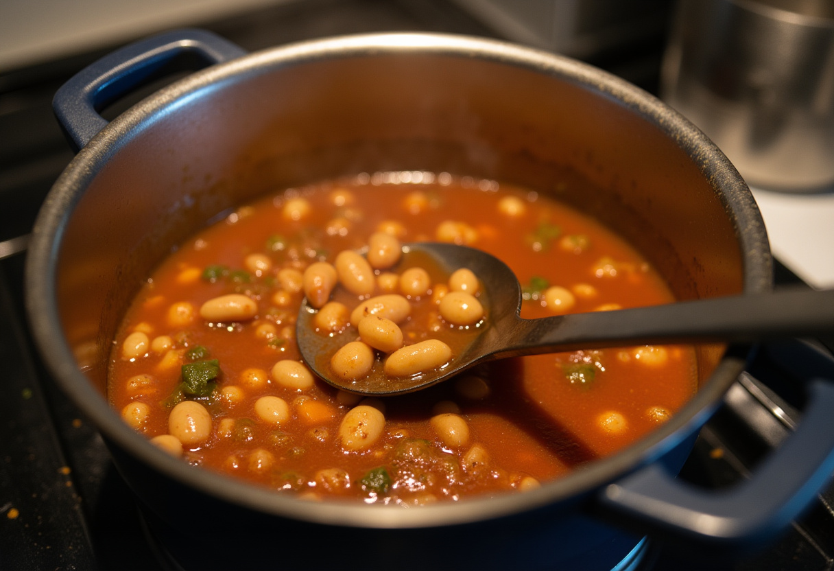 Callos a la madrileña con garbanzos y morcilla, casi listos para servir.