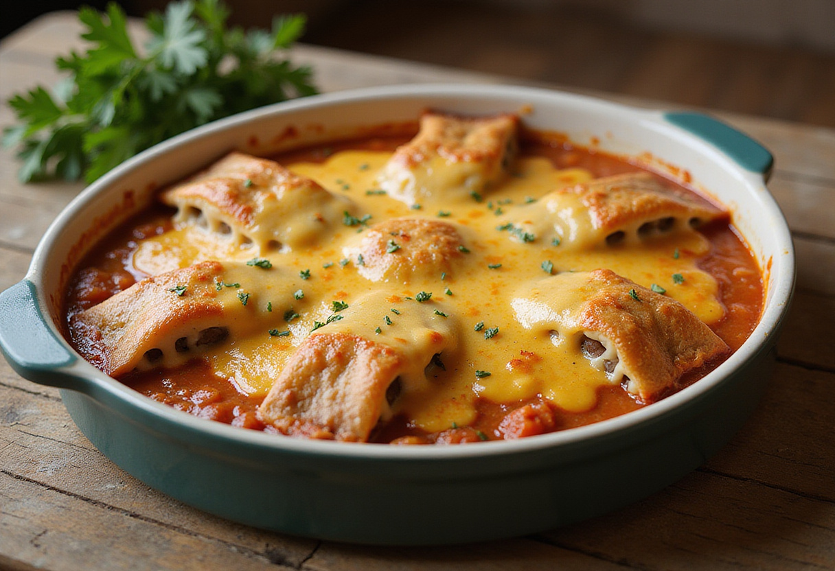 Canelones de carne a la catalana horneados con bechamel y queso, receta tradicional catalana.