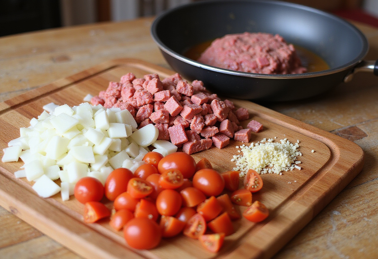 Preparación de ingredientes para canelones de carne a la catalana.