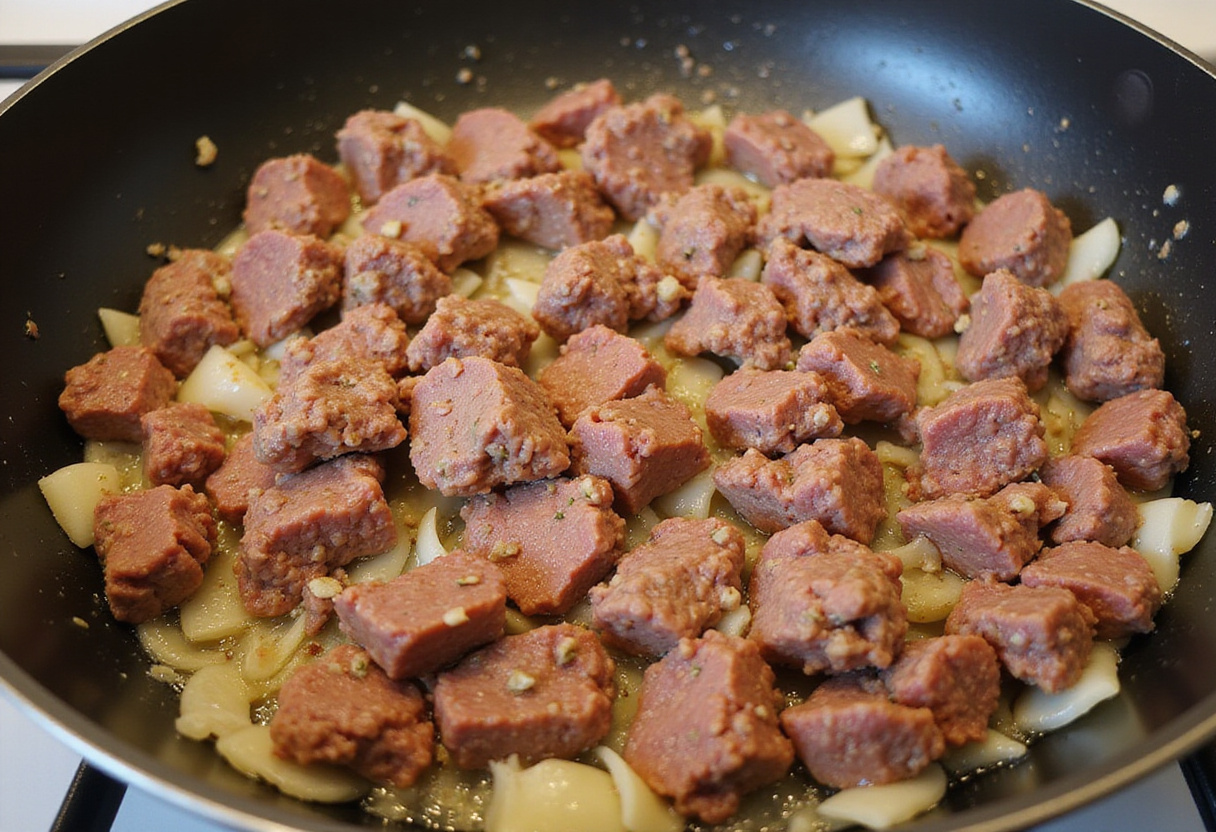 Carne molida cocinándose para el relleno de canelones a la catalana.