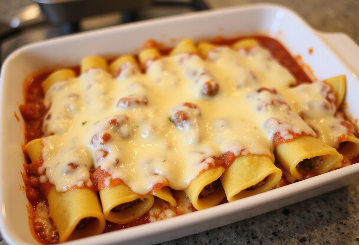 Canelones rellenos de carne listos para cubrir con bechamel y queso.