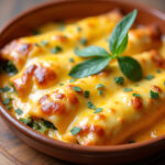 Canelones de espinacas horneados con salsa de tomate y queso derretido, listos para servir.