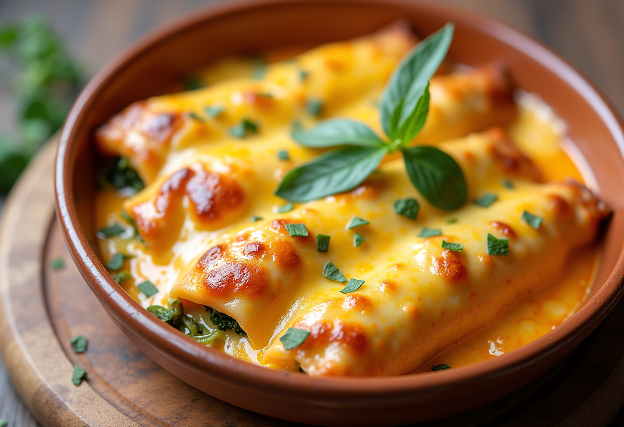Canelones de espinacas horneados con salsa de tomate y queso derretido, listos para servir.