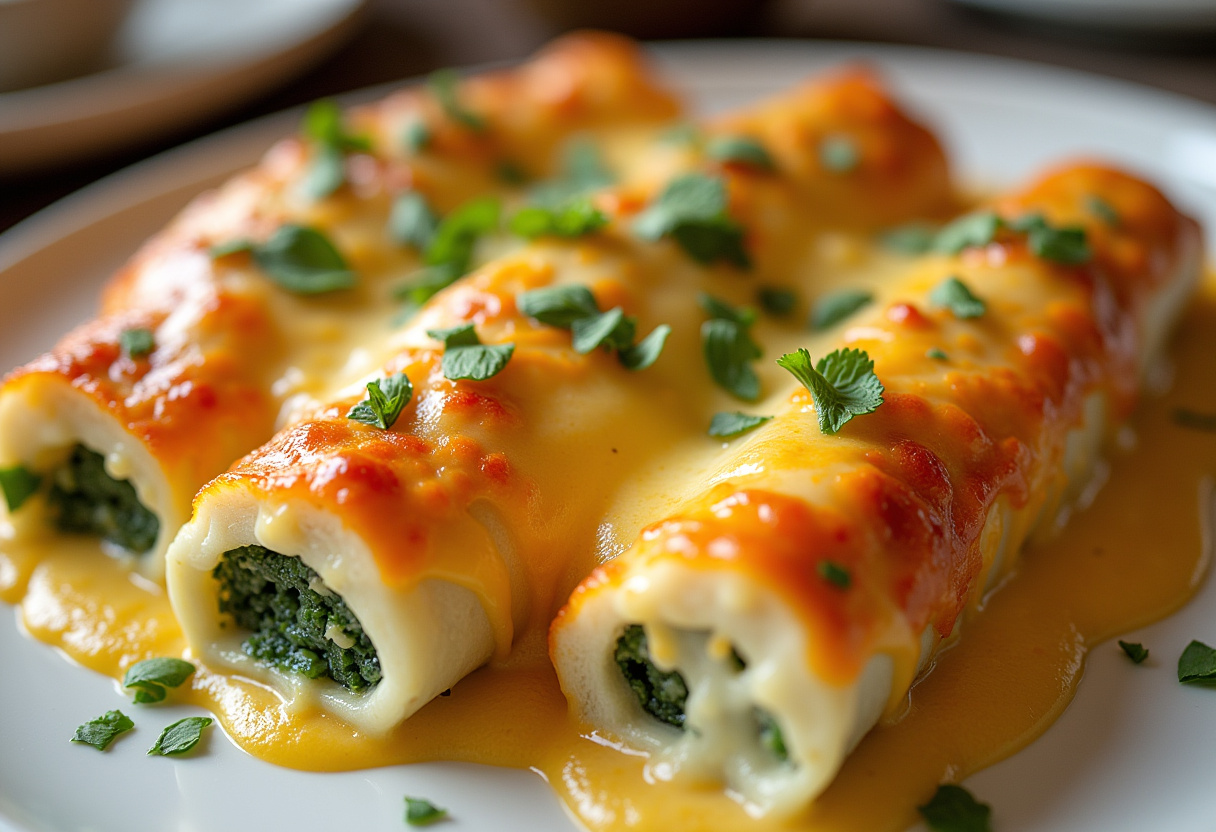 Canelones de espinacas horneados con salsa de tomate y queso derretido, listos para servir.