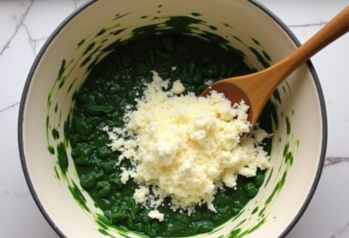 Mezcla de espinacas, ricotta y parmesano para el relleno de canelones de espinacas.