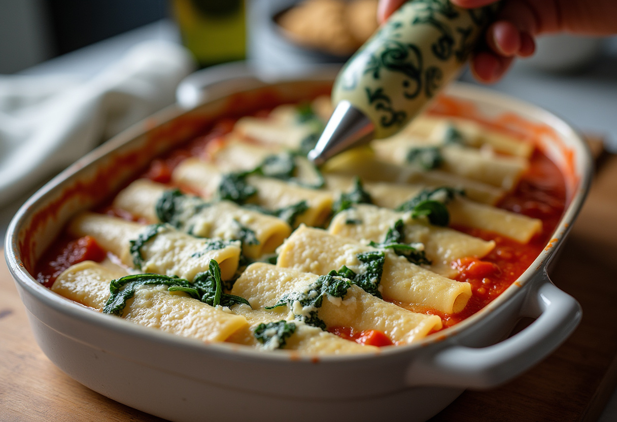 Tubos de pasta canelón rellenándose con la mezcla de espinacas y queso.