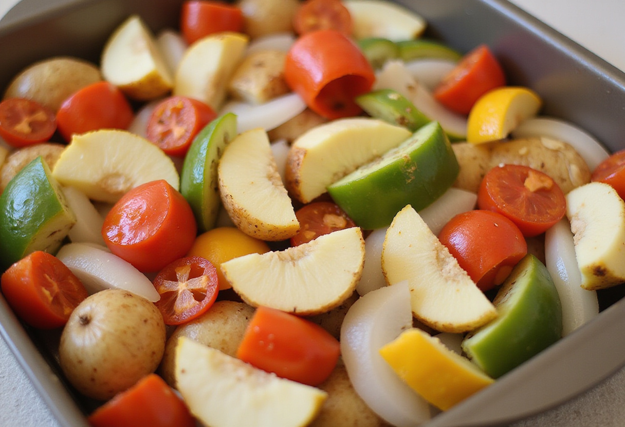 Bandeja de horno con chicharro, patatas y cebolla listos para asar.