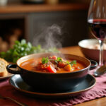 Finished Cocido Gallego served with bread and wine, a hearty Spanish meal.