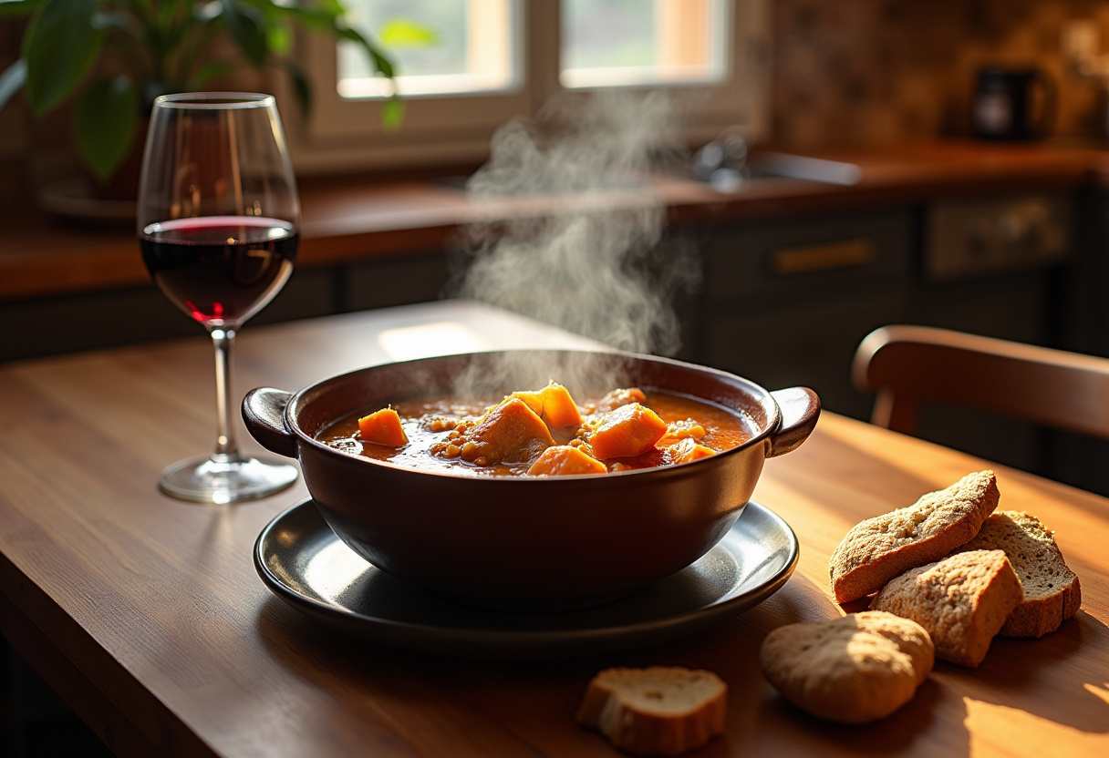 Finished Cocido Gallego served with bread and wine, a hearty Spanish meal.