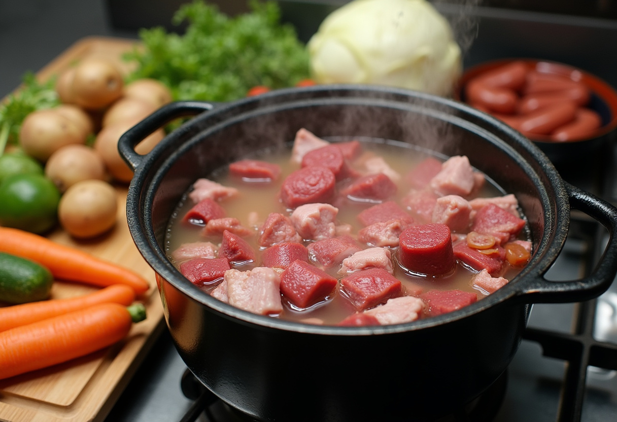 Pot with meat and vegetables ready for making Cocido Gallego, a traditional Spanish stew.