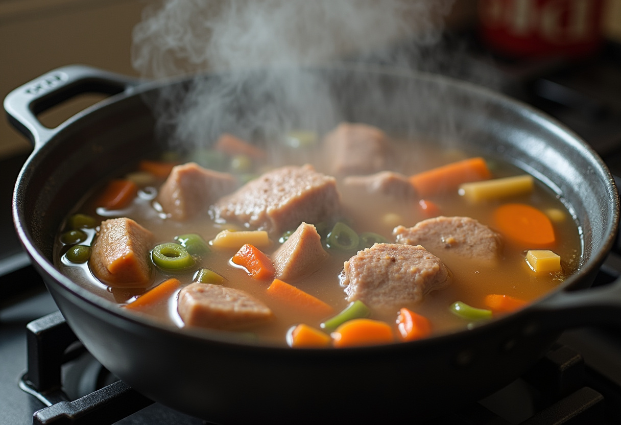 Cocido Gallego stew simmering on the stove with meat and vegetables.