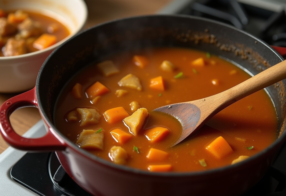 Stirring the Cocido Gallego stew to blend flavors.