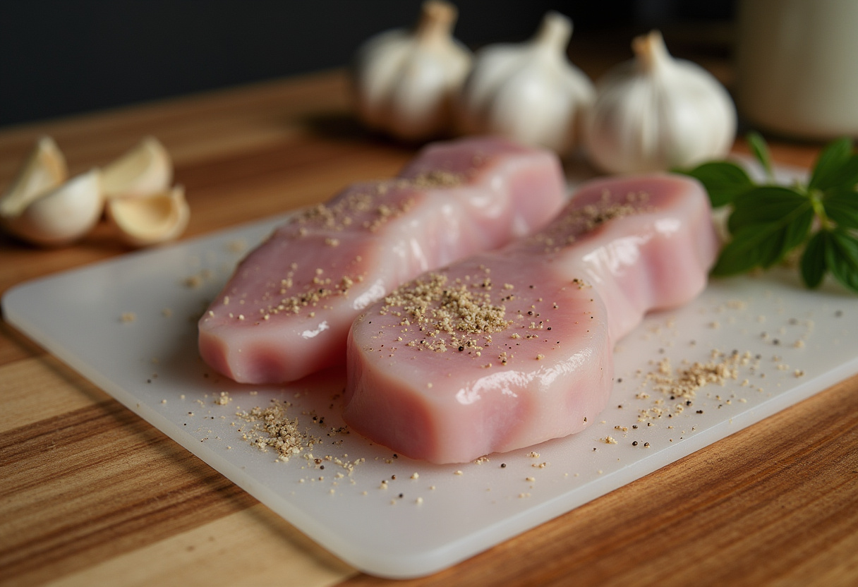 Piezas de conejo fresco sazonadas con sal y pimienta para preparar conejo al ajillo.