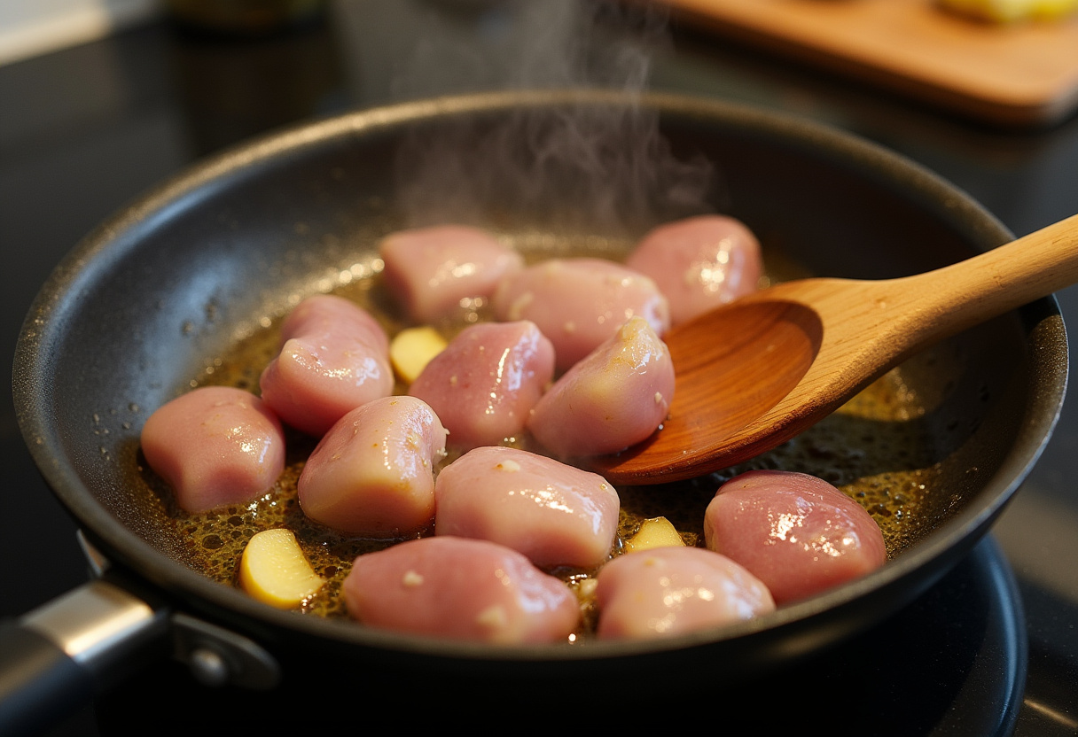 Piezas de conejo dorándose en la sartén con ajo para el conejo al ajillo.
