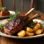 Delicioso cordero al horno con patatas doradas y crujientes, listo para servir en una mesa rústica.