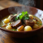 Delicious Cordero guisado con patatas served in a rustic bowl, garnished with parsley and accompanied by bread.
