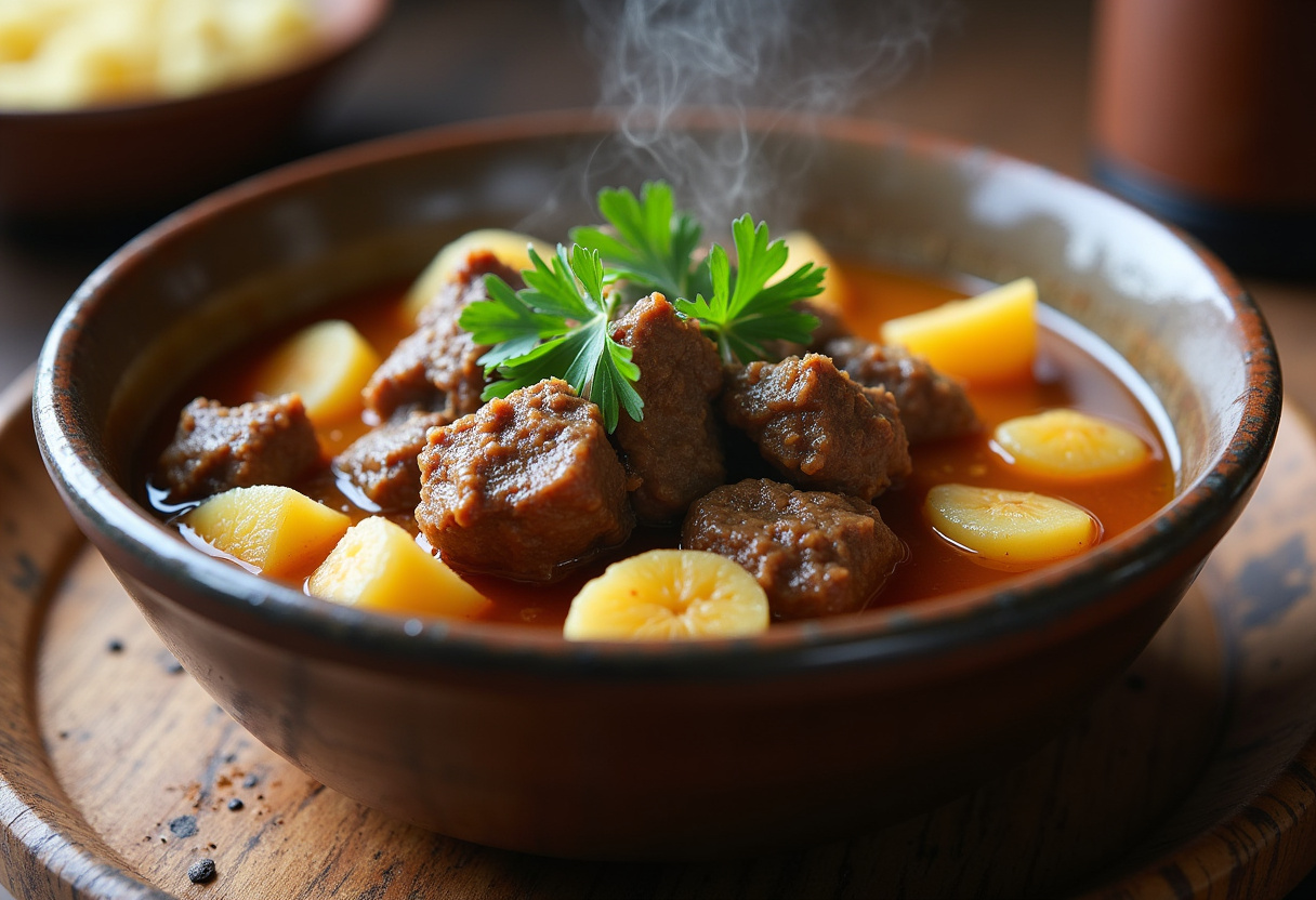 Delicioso Cordero guisado con patatas servido en un cuenco rústico, adornado con perejil y acompañado de pan
