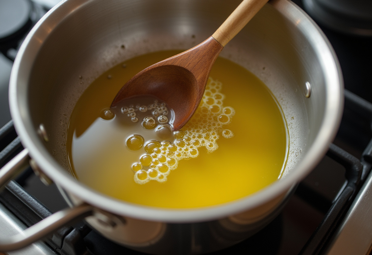 Aceite de oliva calentándose en una olla con carne de cordero sazonada lista para hacer Cordero guisado con patatas
