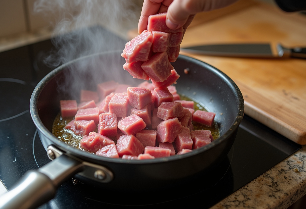 Carne de cordero dorándose en una olla para Cordero guisado con patatas, con cebollas y ajos preparados