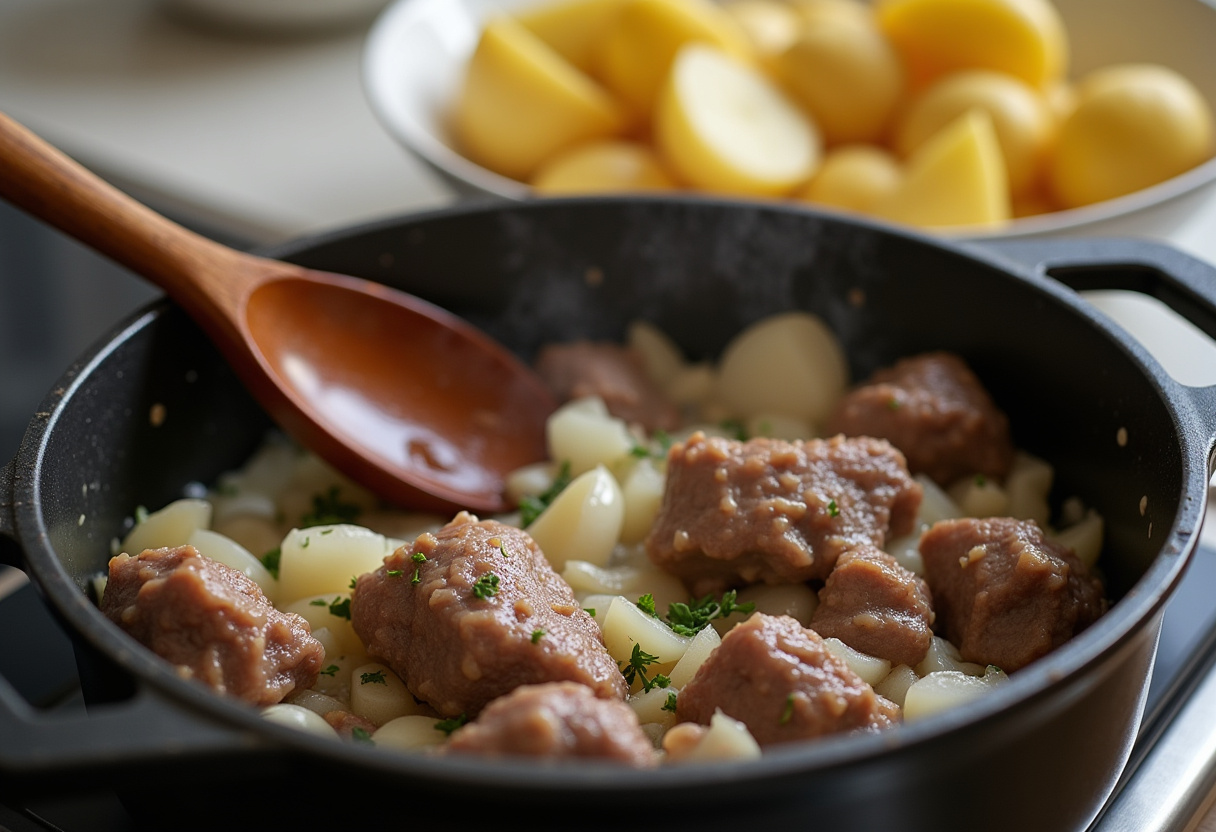 Patatas cortadas siendo añadidas a la olla con cordero para Cordero guisado con patatas, sazonadas con pimentón y hojas de laurel
