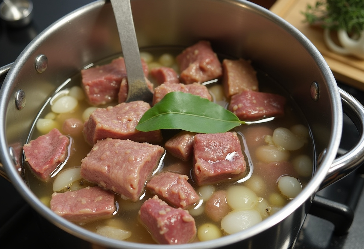 Cordero guisado con patatas cociendo a fuego lento en una olla, creando un caldo rico y sabroso