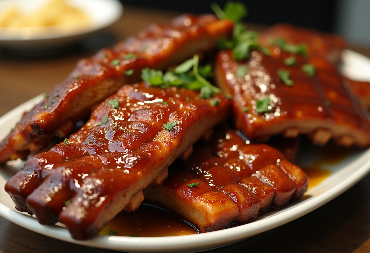 Deliciosas costillas al horno con miel glaseadas y listas para servir.