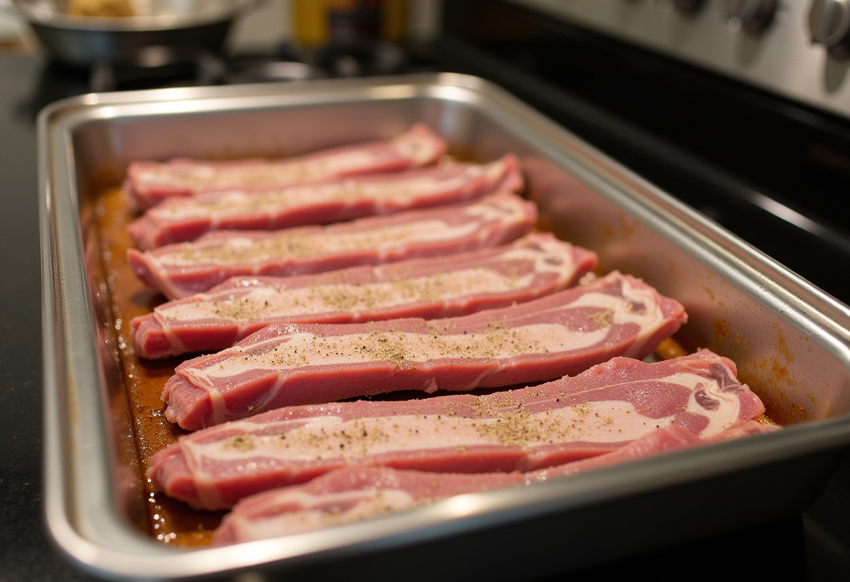 Costillas de cerdo sazonadas con sal y pimienta listas para hornear.