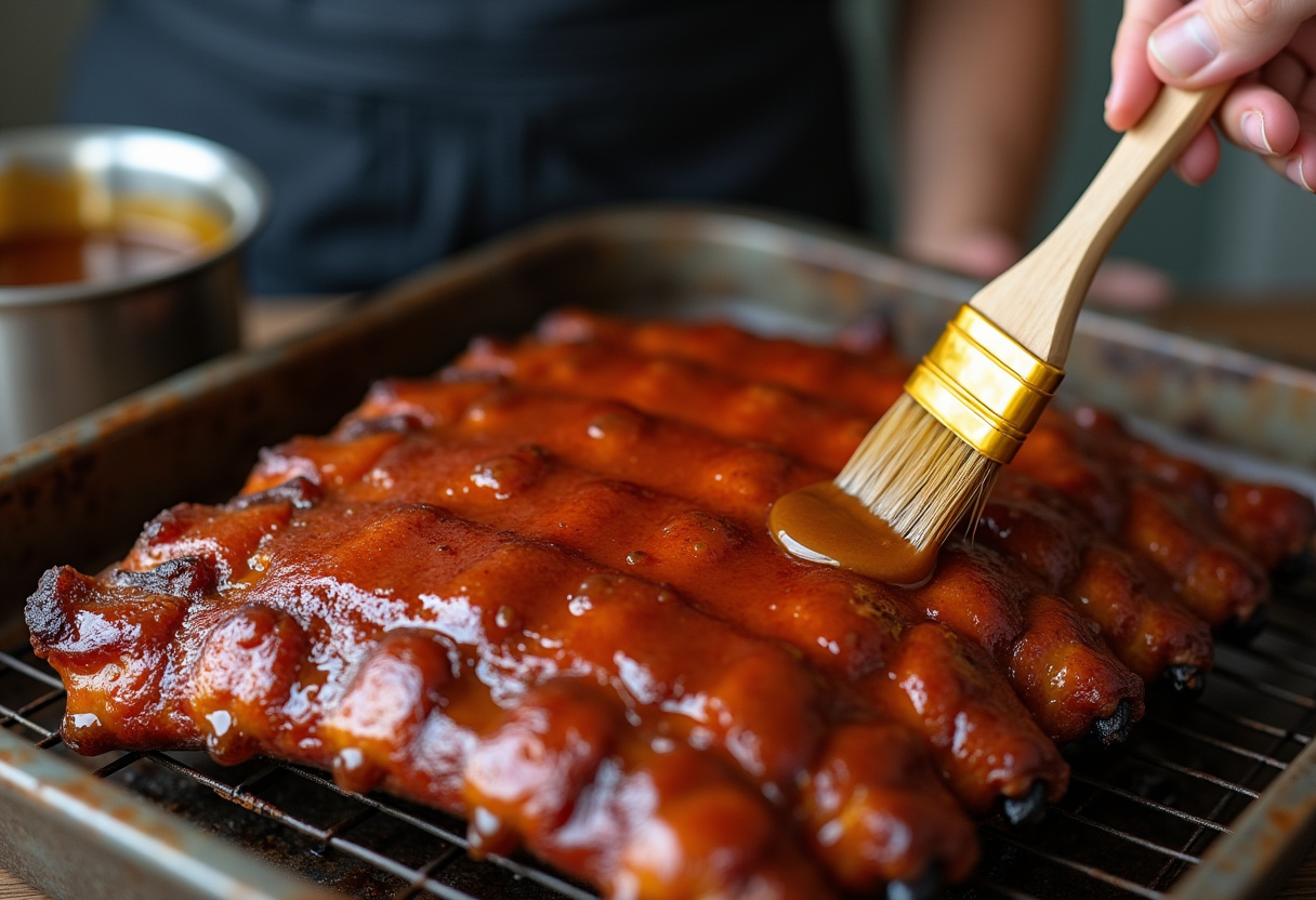 Costillas de cerdo siendo cubiertas con salsa de miel para hornear.