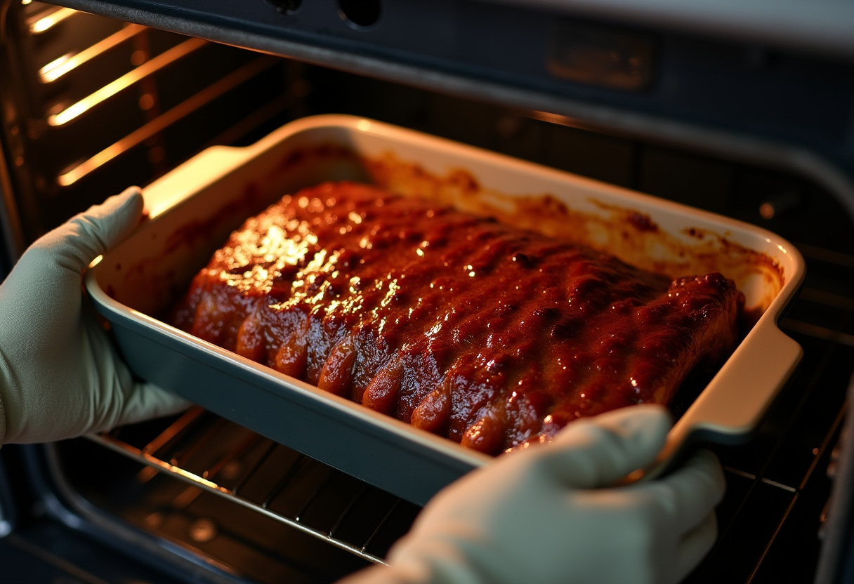 Costillas al horno con miel siendo introducidas en el horno para cocinar.