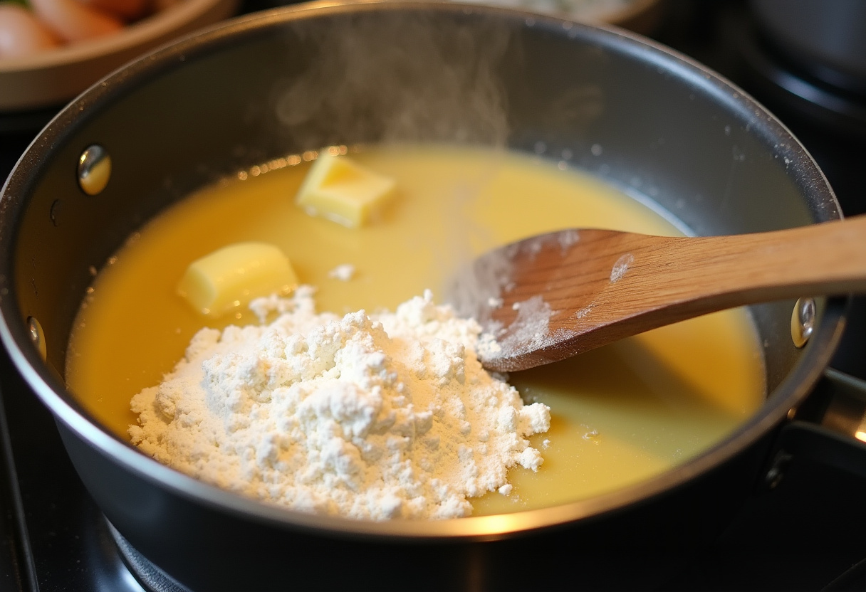 Preparando una roux con mantequilla y harina para las croquetas de jamón.