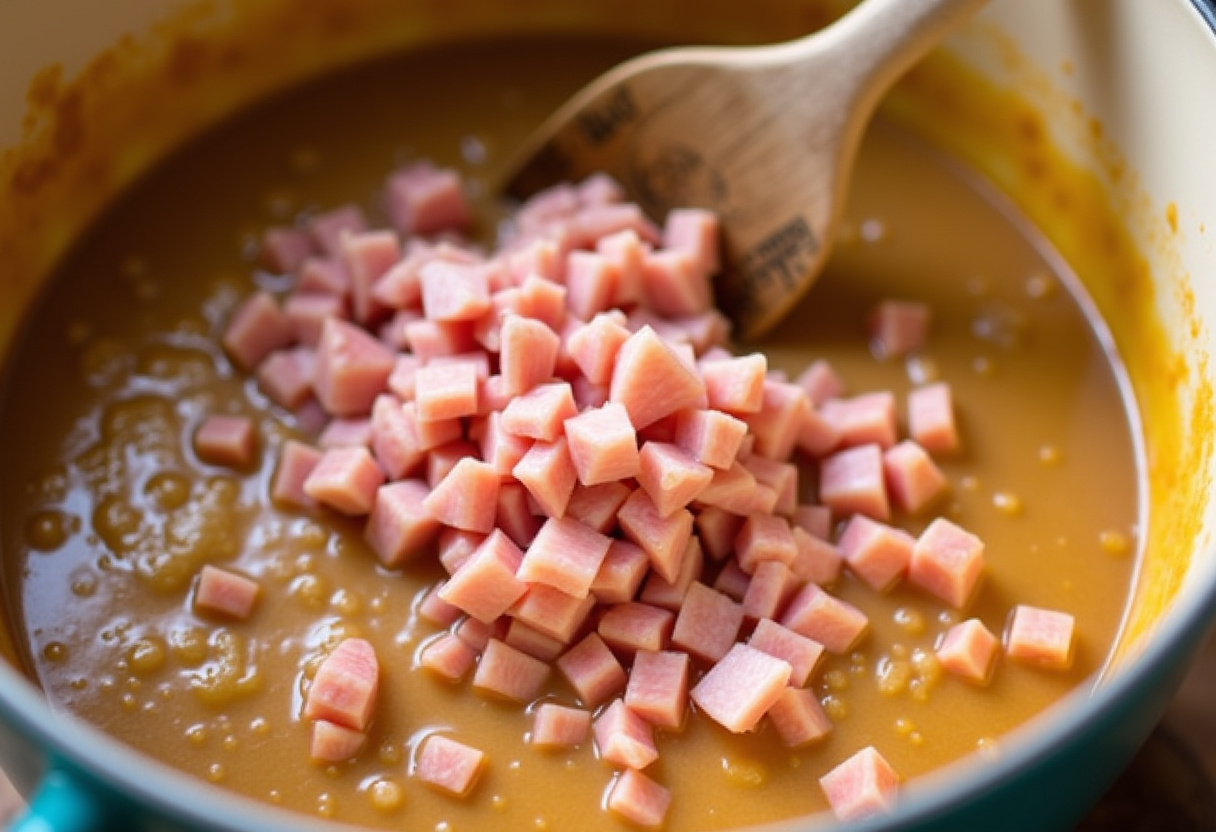 Mezclando jamón picado con la roux para el relleno de las croquetas.